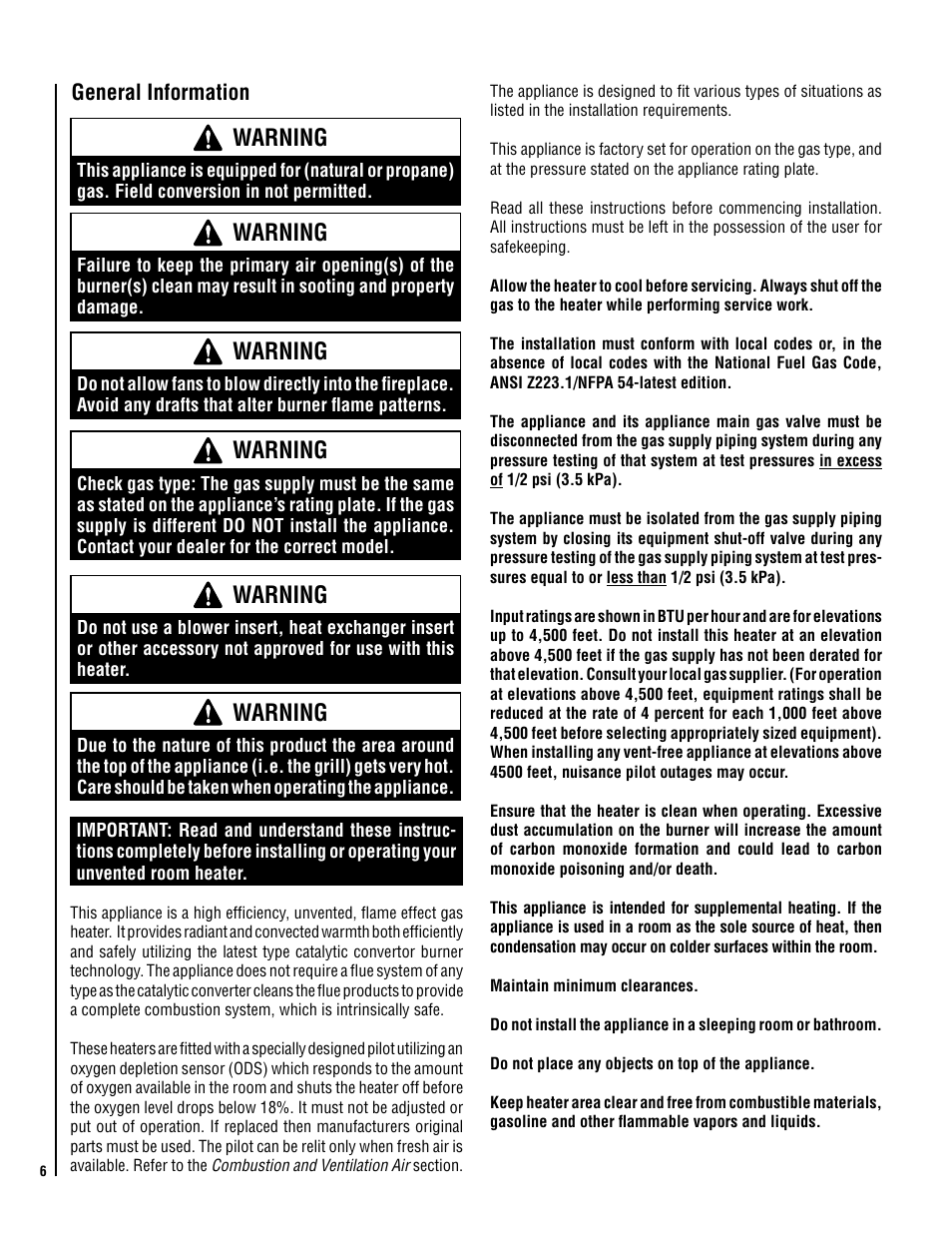 Warning, General information | Lennox Hearth X-FIRES-1000-LP User Manual | Page 6 / 24