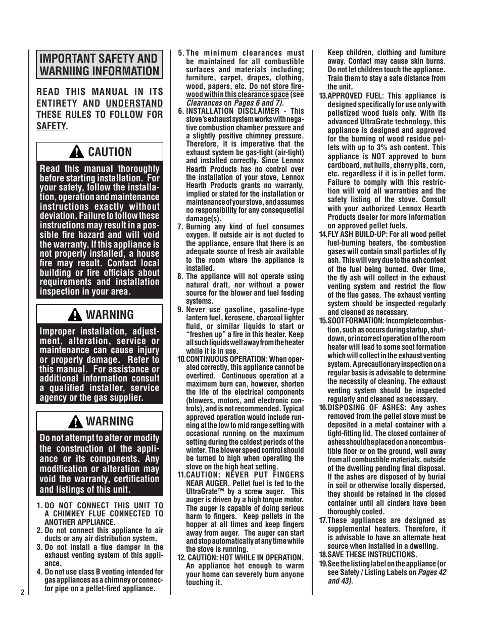 Warning, Caution, Important safety and warniing information | Lennox Hearth WHITFIELD 30 FS-2 User Manual | Page 2 / 48