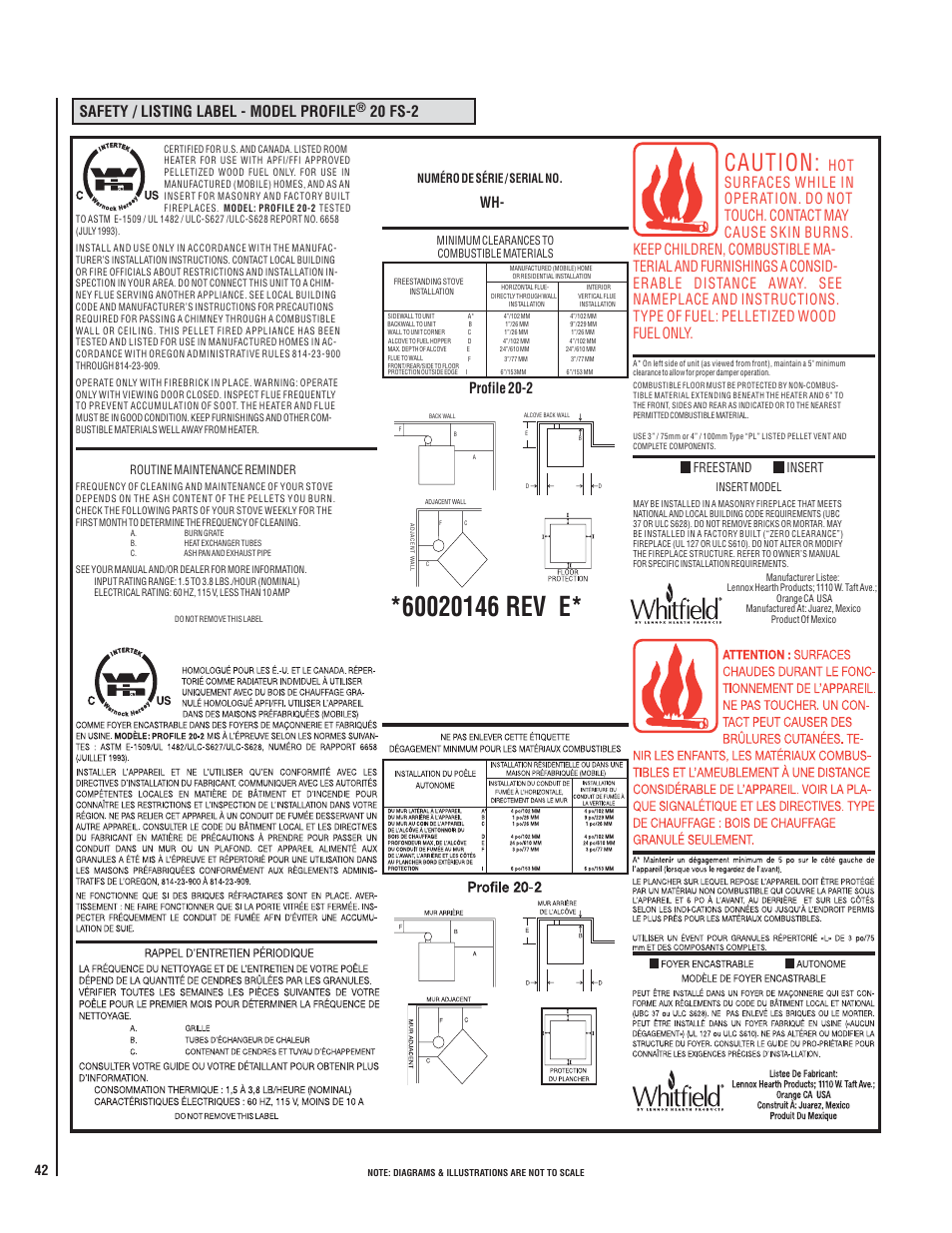 Caution, Profile 20-2, Safety / listing label - model profile | 20 fs-2, Freestand insert, Routine maintenance reminder, Numéro de série / serial no | Lennox Hearth WHITFIELD 30 FS-2 User Manual | Page 42 / 48