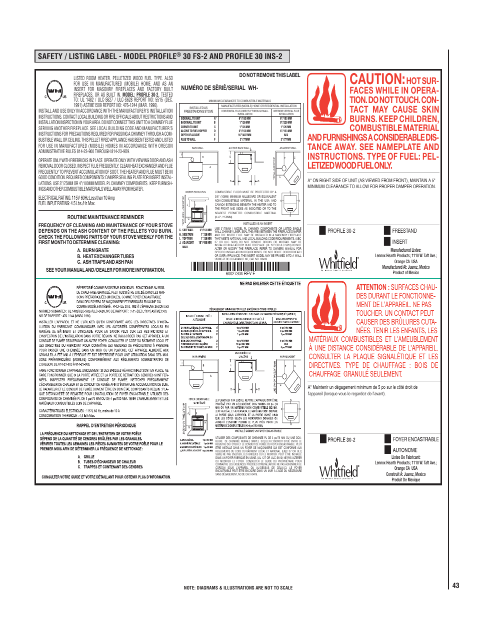 Caution, Safety / listing label - model profile, Numéro de sêriê/serial wh | Lennox Hearth WHITFIELD 30 FS-2 User Manual | Page 43 / 48