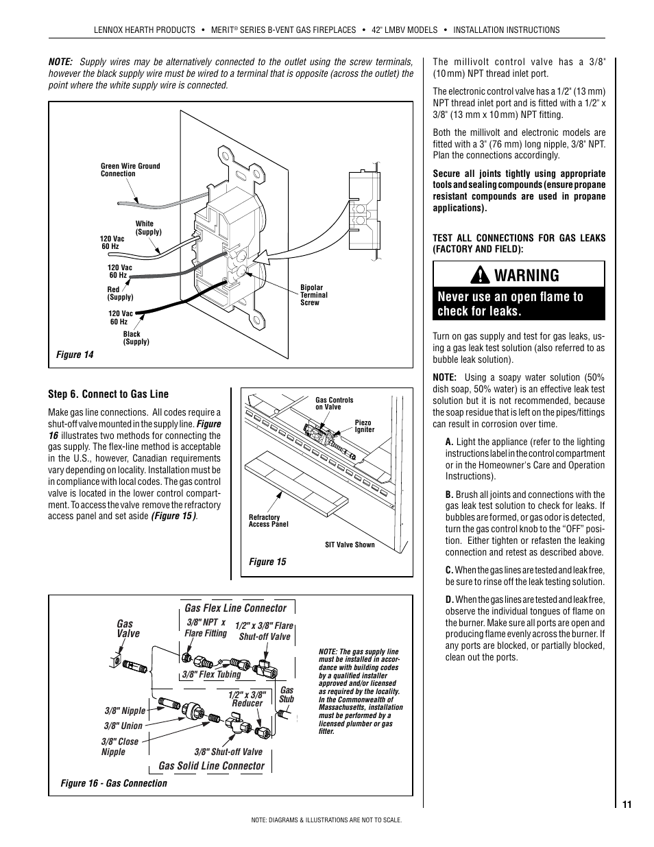 Warning, Never use an open flame to check for leaks | Lennox Hearth INTERTEK LMBV-42REN User Manual | Page 11 / 20