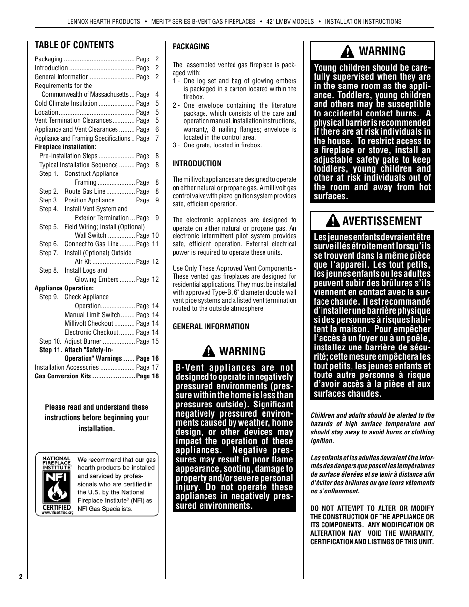 Warning, Avertissement | Lennox Hearth INTERTEK LMBV-42REN User Manual | Page 2 / 20