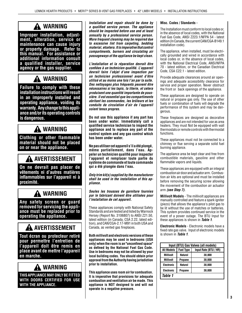 Warning, Avertissement | Lennox Hearth INTERTEK LMBV-42REN User Manual | Page 3 / 20
