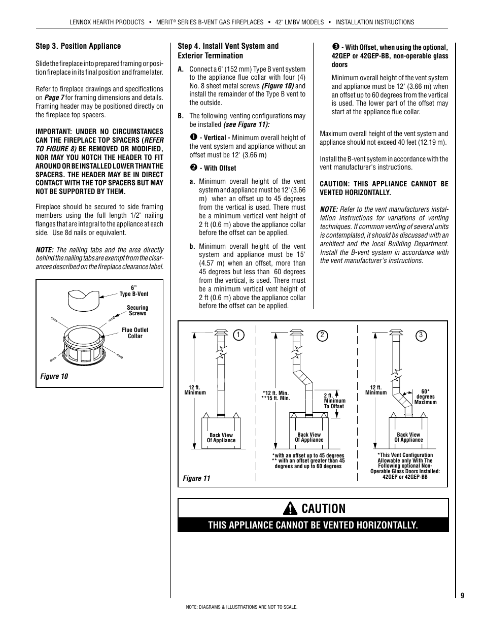 Caution, This appliance cannot be vented horizontally | Lennox Hearth INTERTEK LMBV-42REN User Manual | Page 9 / 20