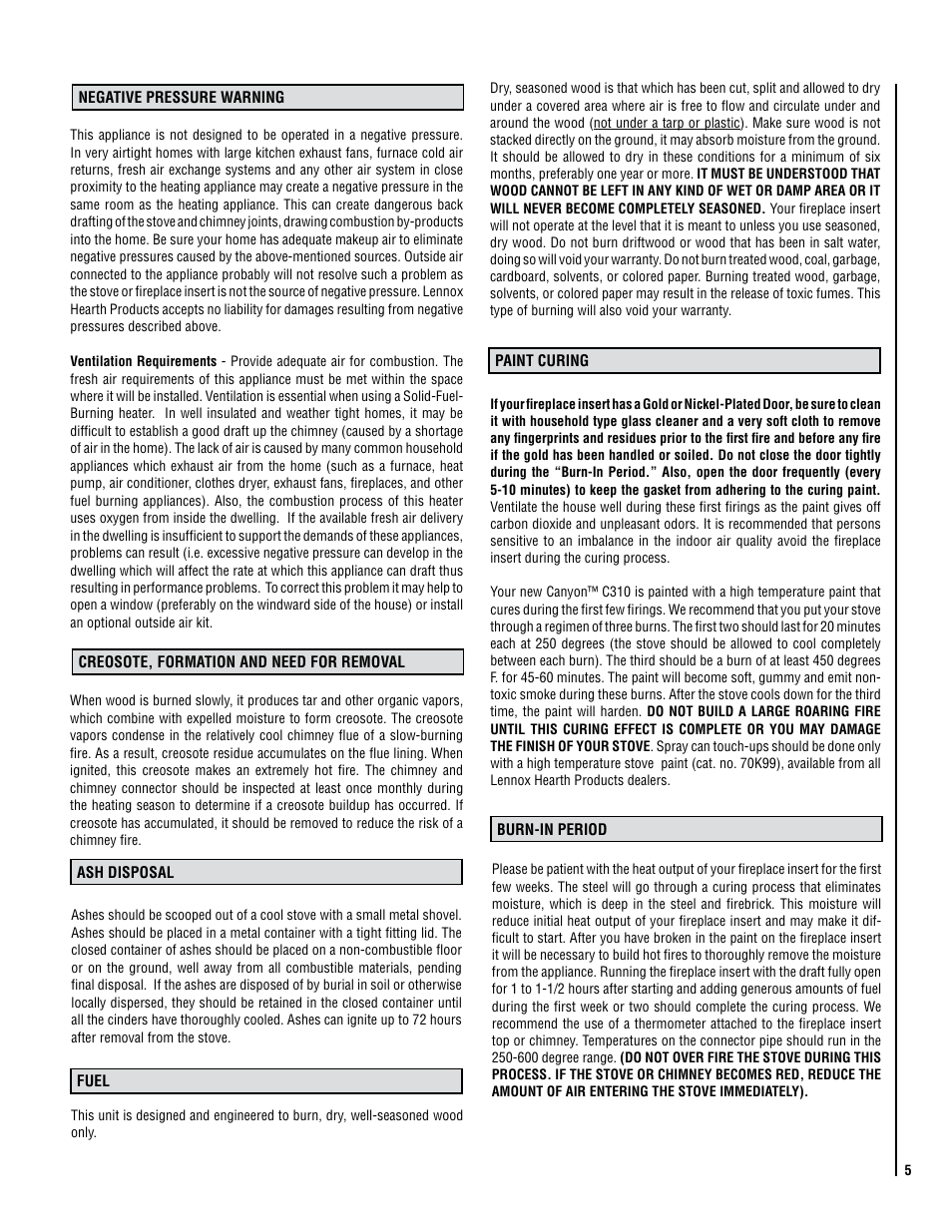 Lennox Hearth CANYON C310 User Manual | Page 5 / 24