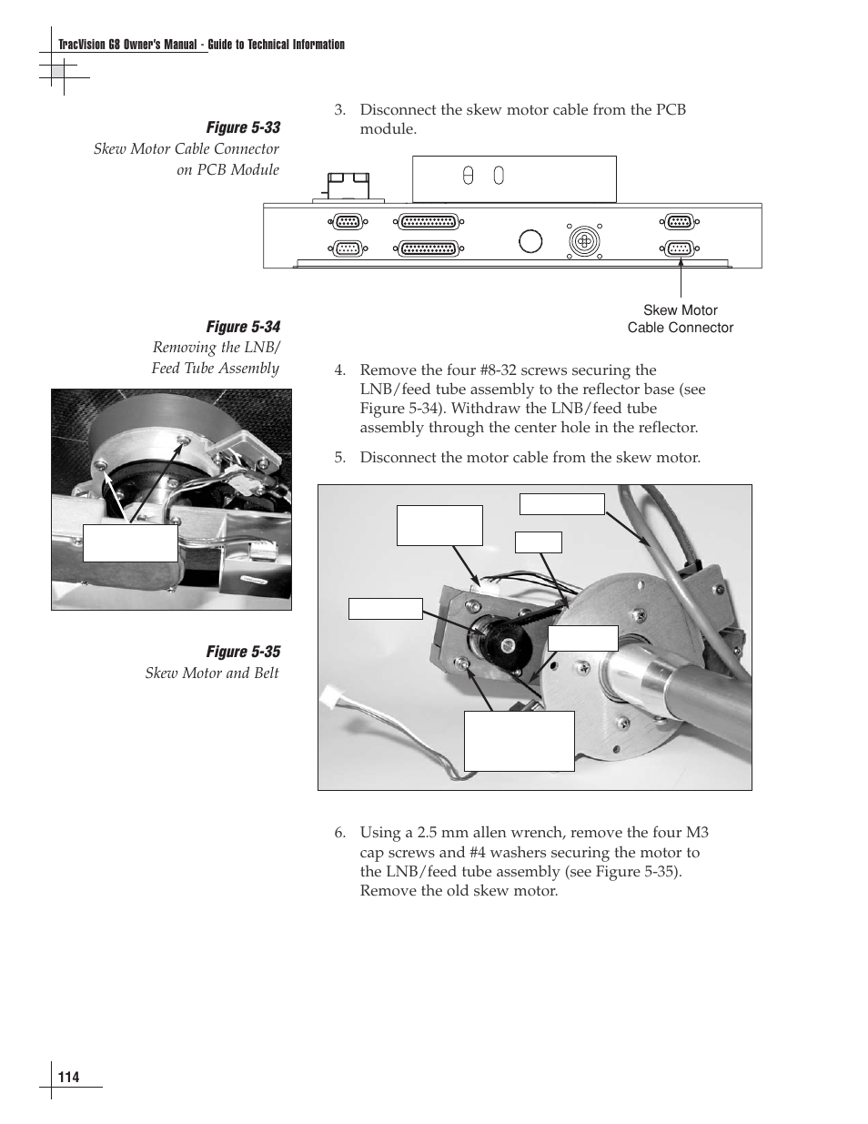 Figure 5-35 skew motor and belt, Figure 5-34 removing the lnb/ feed tube assembly | Lennox Hearth G8 User Manual | Page 112 / 144