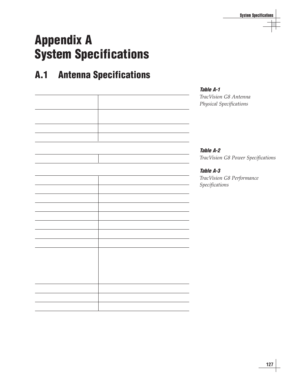 A - system specifications, Appendix a system specifications, A.1 antenna specifications | Lennox Hearth G8 User Manual | Page 123 / 144