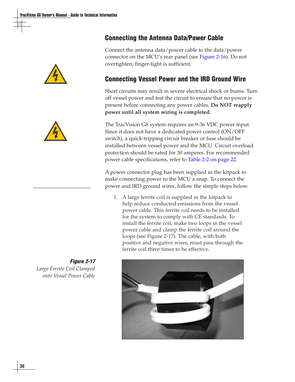 Connecting the antenna data/power cable, Connecting vessel power and the ird ground wire | Lennox Hearth G8 User Manual | Page 39 / 144