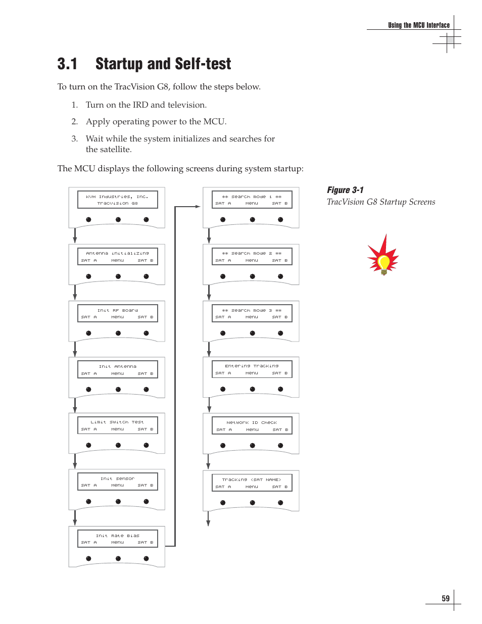 1 - startup and self-test, 1 startup and self-test, Figure 3-1 tracvision g8 startup screens | Lennox Hearth G8 User Manual | Page 60 / 144