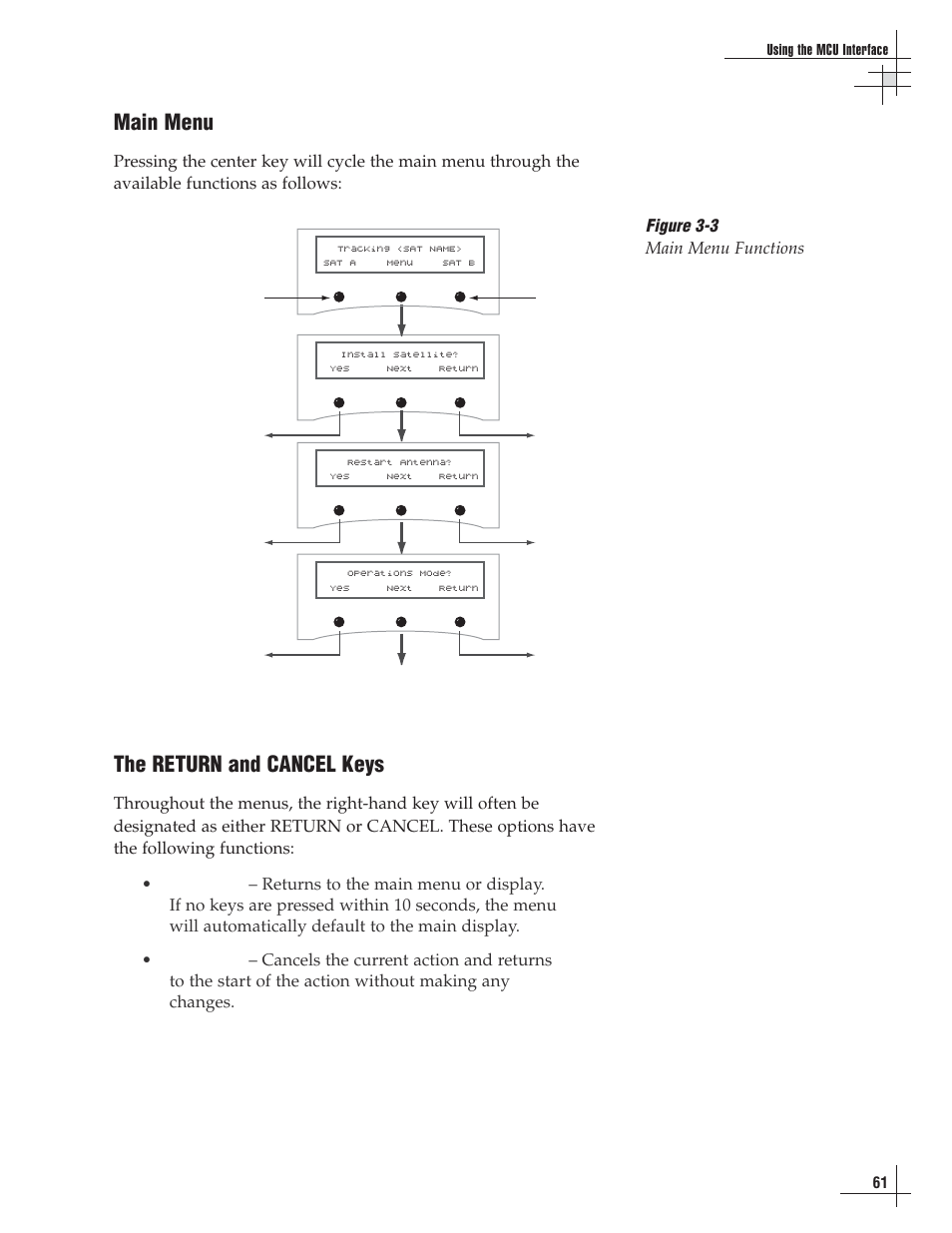 Main menu, The return and cancel keys, Figure 3-3 main menu functions | Lennox Hearth G8 User Manual | Page 62 / 144