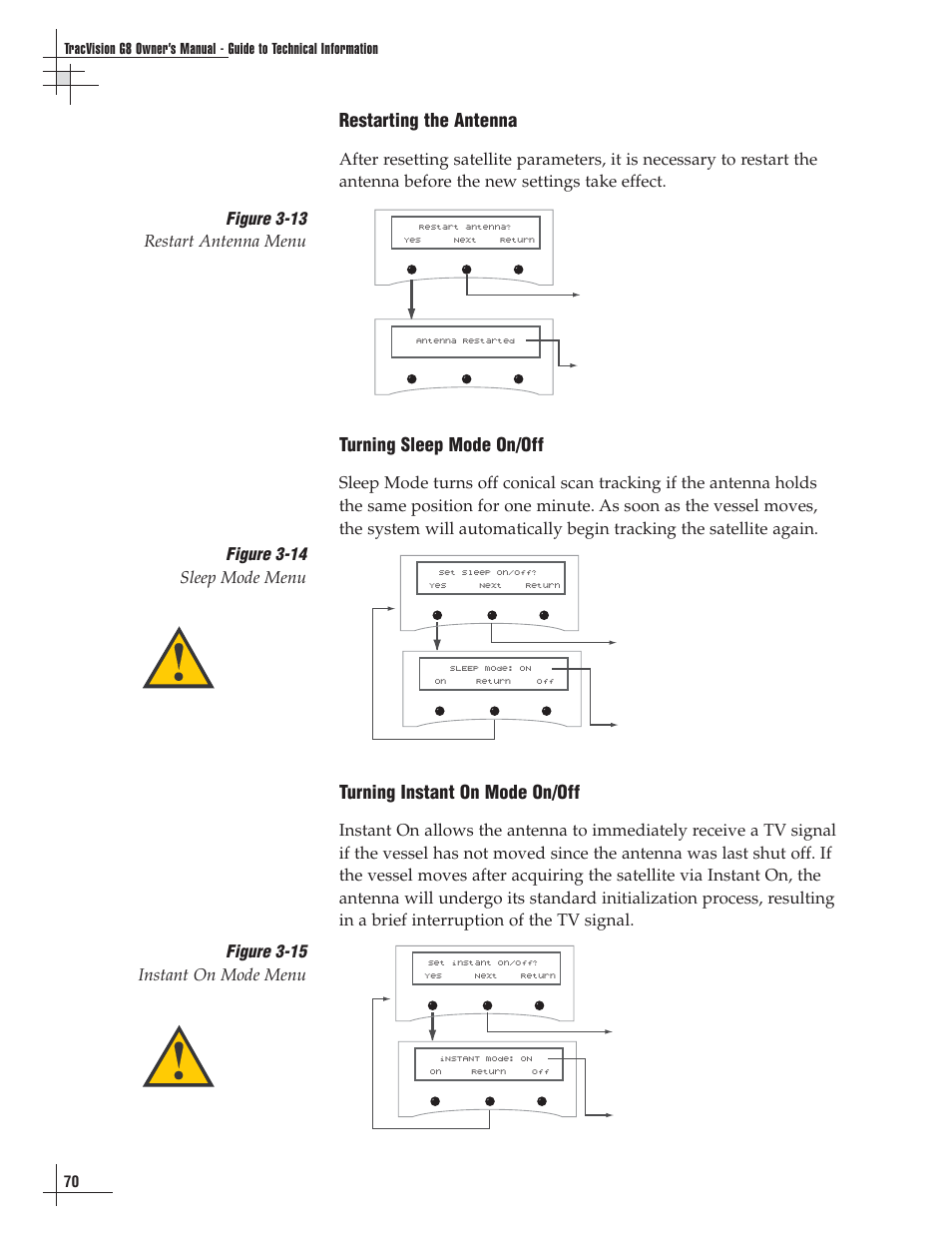 Restarting the antenna, Turning sleep mode on/off, Turning instant on mode on/off | Figure 3-13 restart antenna menu | Lennox Hearth G8 User Manual | Page 71 / 144