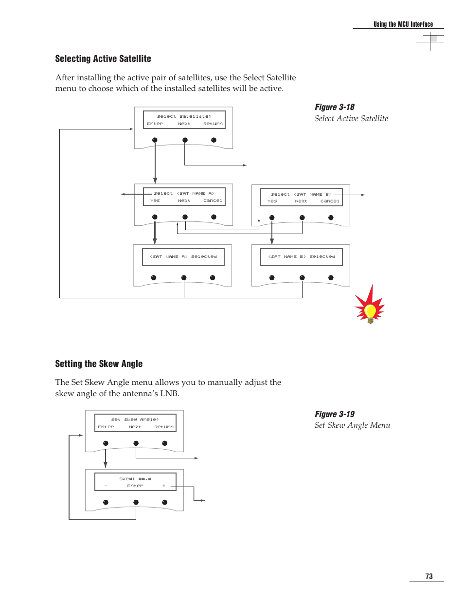 Selecting active satellite, Setting the skew angle, Figure 3-18 select active satellite | Figure 3-19 set skew angle menu | Lennox Hearth G8 User Manual | Page 74 / 144