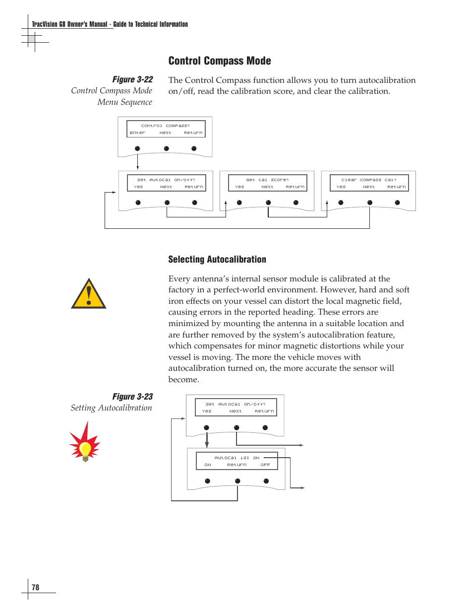 Control compass mode, Selecting autocalibration, Figure 3-22 control compass mode menu sequence | Figure 3-23 setting autocalibration | Lennox Hearth G8 User Manual | Page 79 / 144