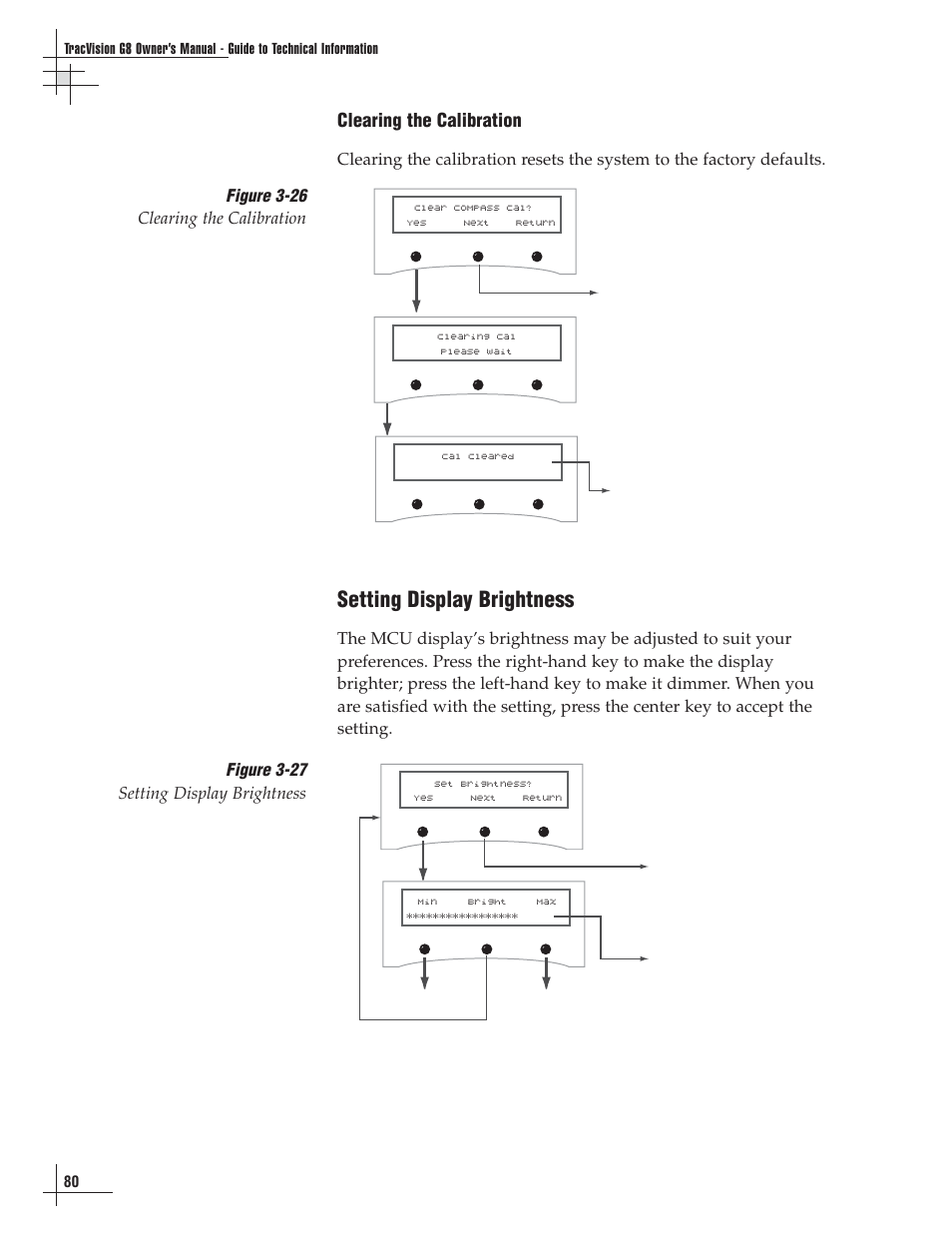 Setting display brightness, Clearing the calibration, Figure 3-27 setting display brightness | Figure 3-26 clearing the calibration | Lennox Hearth G8 User Manual | Page 81 / 144