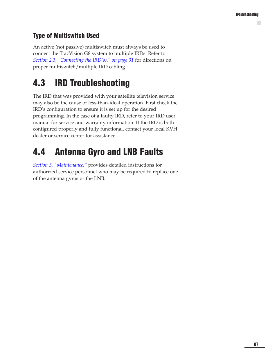 3 - ird troubleshooting, 4 - antenna gyro and lnb faults, 3 ird troubleshooting | 4 antenna gyro and lnb faults | Lennox Hearth G8 User Manual | Page 87 / 144