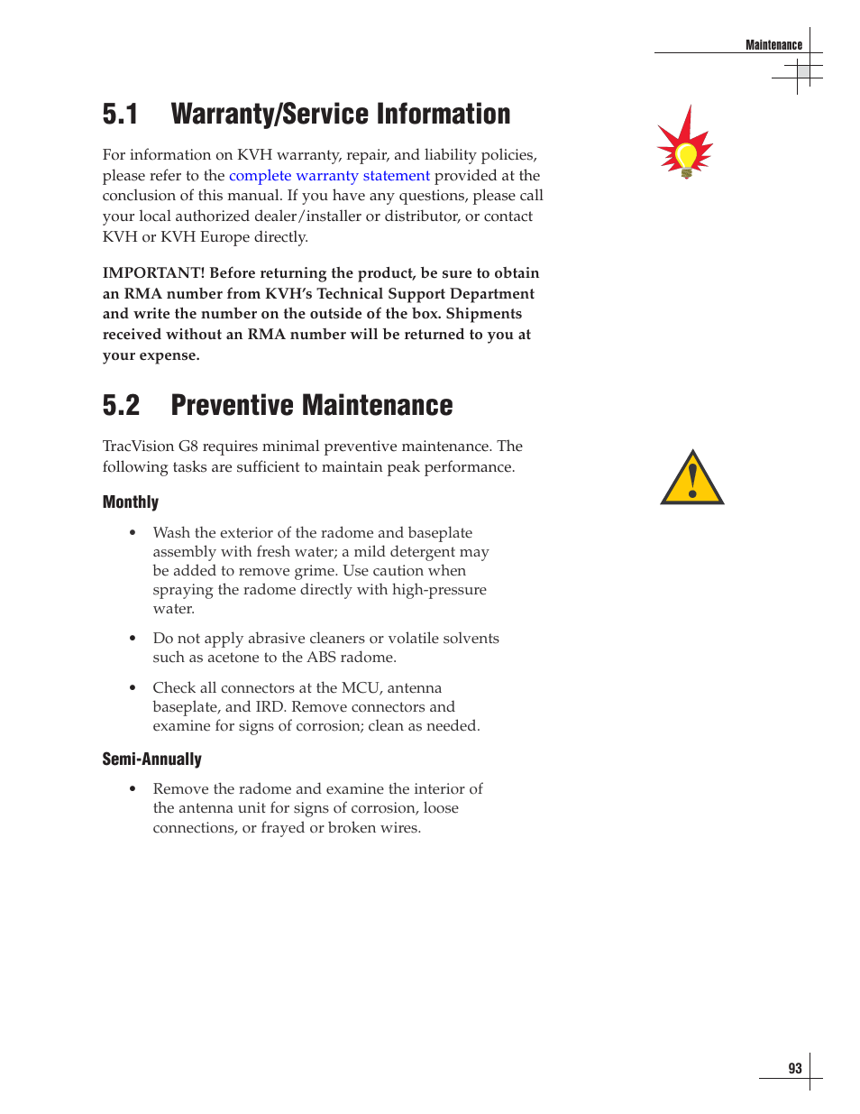 1 - warranty/service information, 2 - preventive maintenance, As part of preventive maintenance (described in | Section 5.2, Kvh recommends checking, 1 warranty/service information, 2 preventive maintenance | Lennox Hearth G8 User Manual | Page 91 / 144