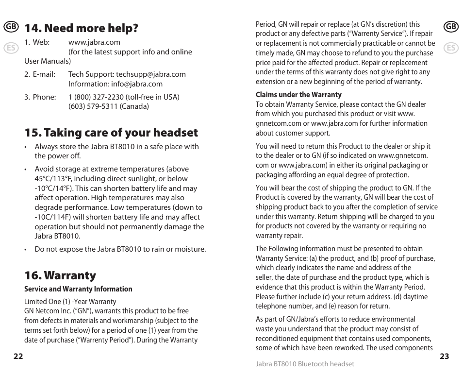 Need more help, Taking care of your headset, Warranty | Lennox Hearth BT8010 User Manual | Page 14 / 31