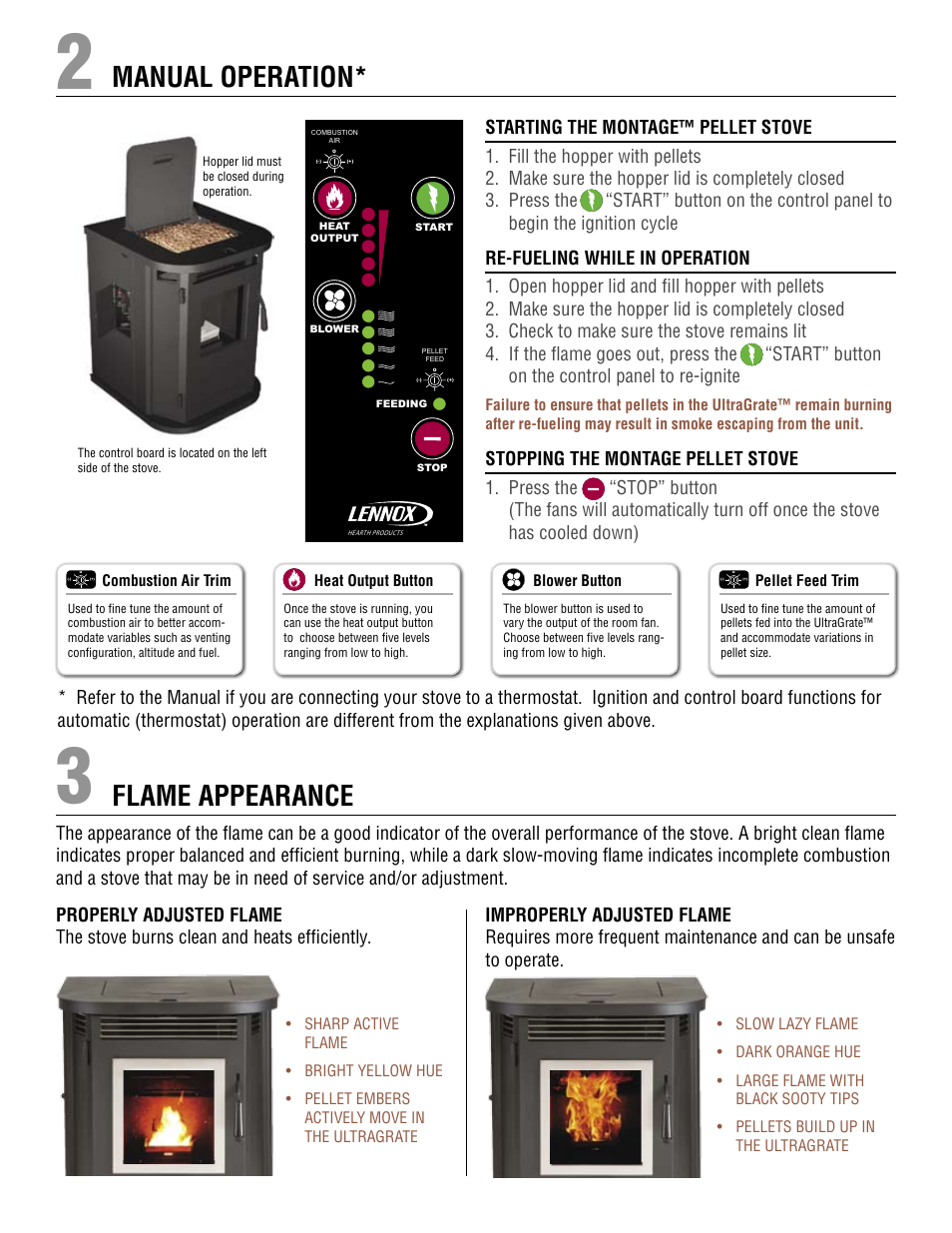 Flame appearance, Manual operation, Properly adjusted flame improperly adjusted flame | Pellet feed trim | Lennox Hearth MONTAGETM PELLET STOVE 32FS User Manual | Page 2 / 4