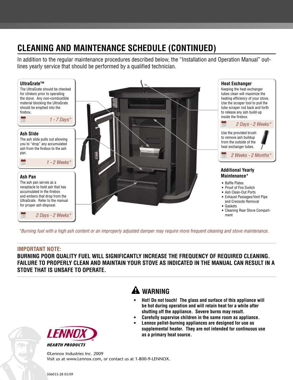 Cleaning and maintenance schedule (continued), Warning | Lennox Hearth MONTAGETM PELLET STOVE 32FS User Manual | Page 4 / 4