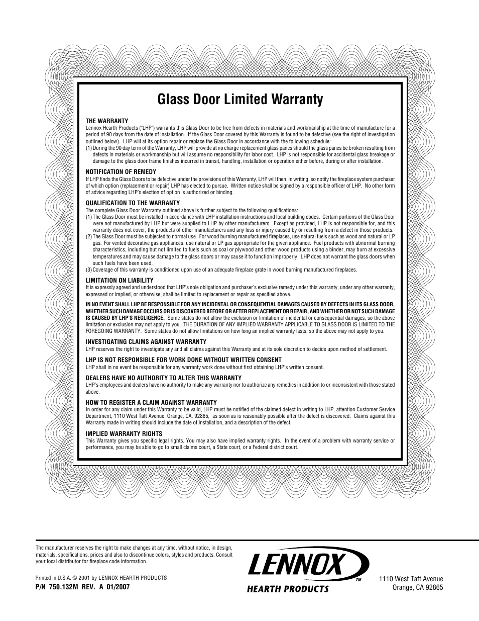 Glass door limited warranty | Lennox Hearth END PANEL ASSEMBLY 38AEP-BS User Manual | Page 2 / 2