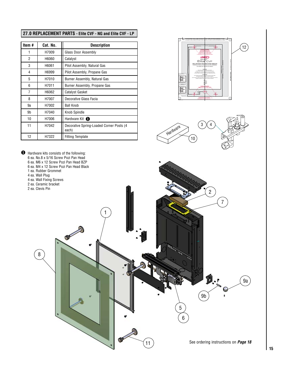 9b 11, 0 replacement parts, 12 see ordering instructions on page 18 | 10 hardware 4 3 | Lennox Hearth Elite CVF-NG User Manual | Page 15 / 18