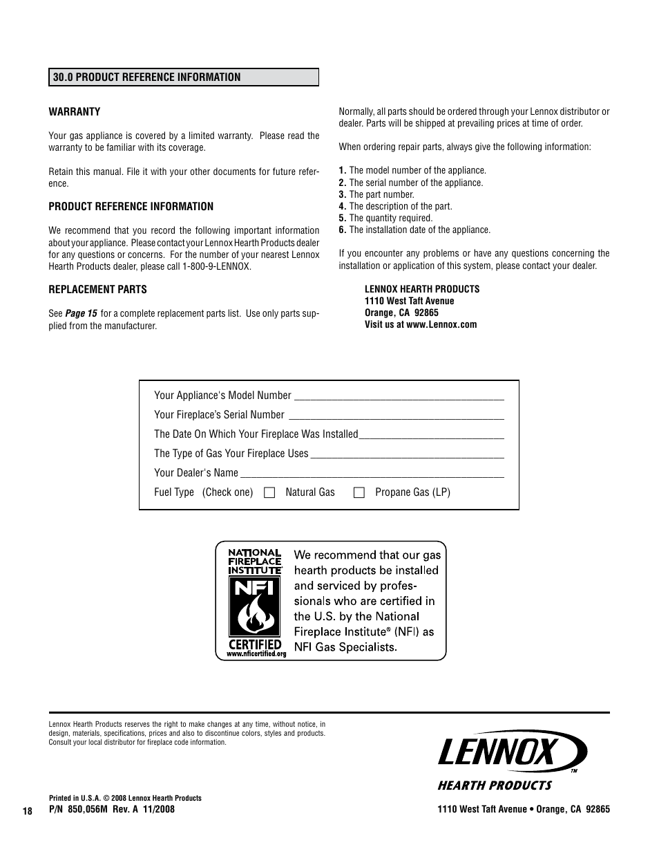 Lennox Hearth Elite CVF-NG User Manual | Page 18 / 18