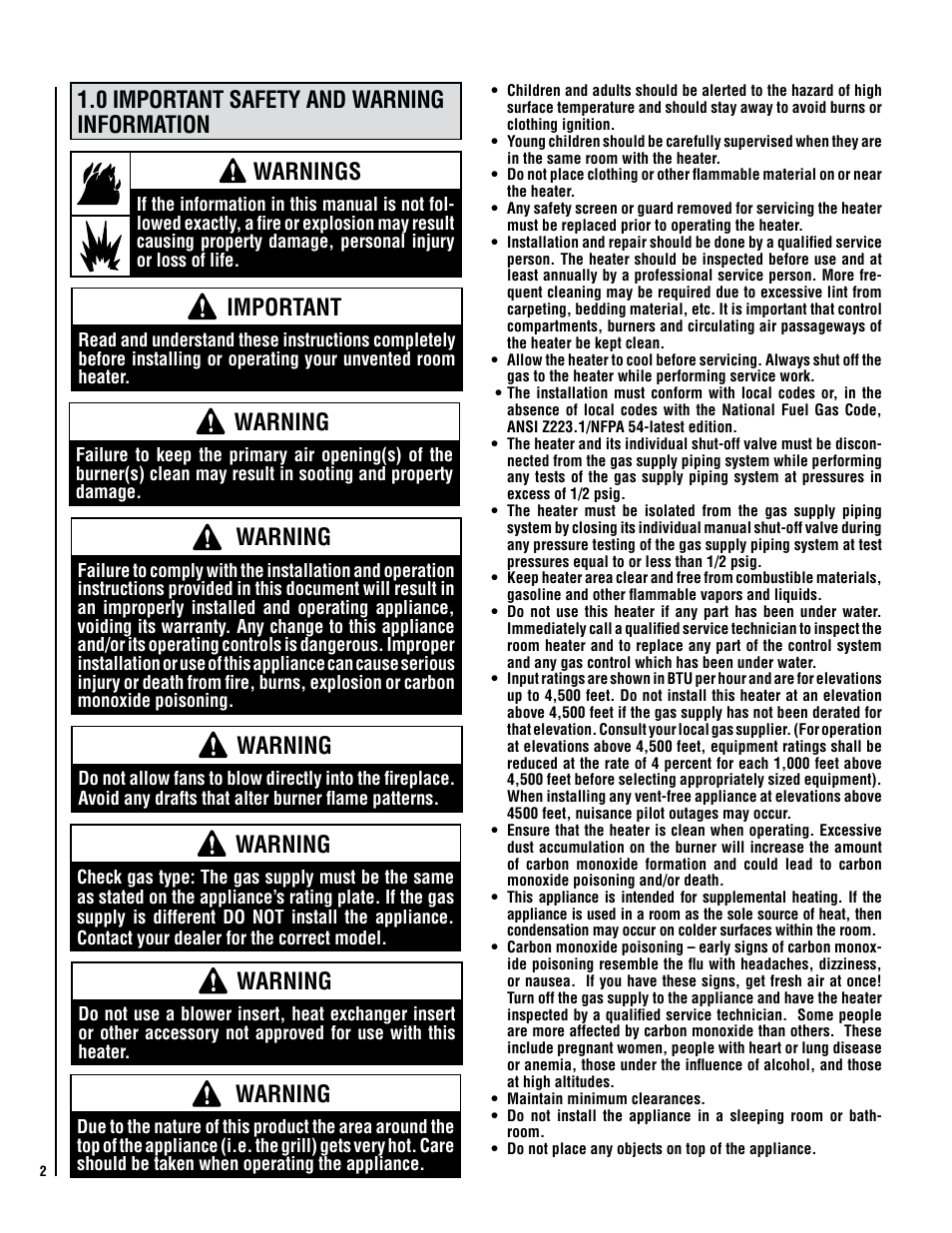 0 important safety and warning information, Warnings, Important | Warning | Lennox Hearth Elite CVF-NG User Manual | Page 2 / 18