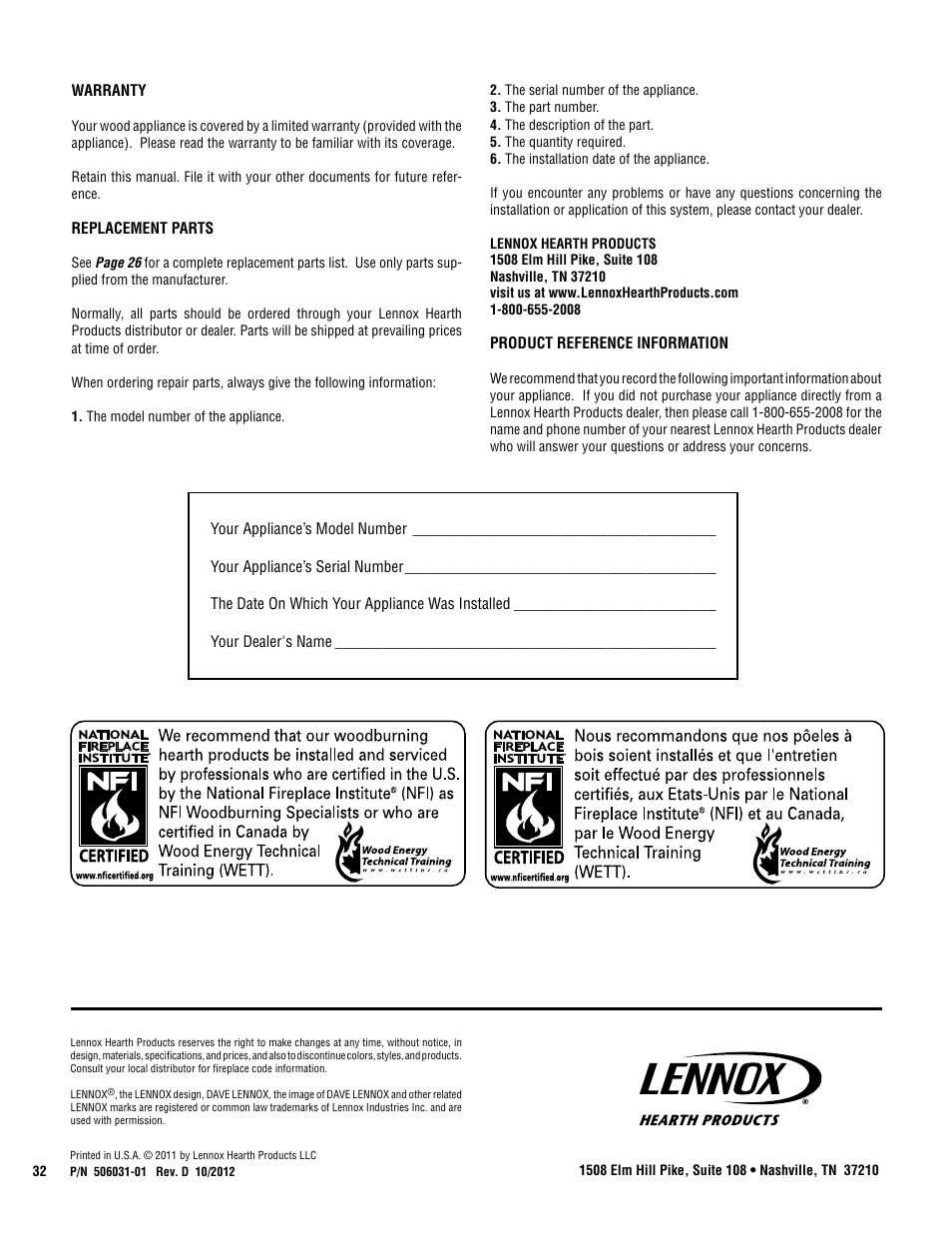 Lennox Hearth GRANDVIEW GV230 User Manual | Page 32 / 32