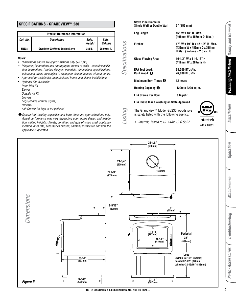 Specifications, Listing dimensions | Lennox Hearth GRANDVIEW GV230 User Manual | Page 9 / 32