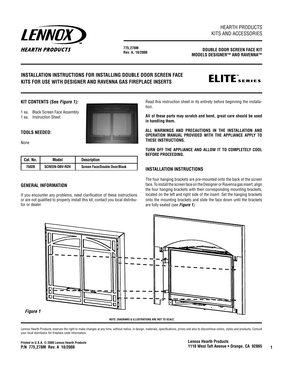 Lennox Hearth Double Door Screen Face Kit Ravenna User Manual | 1 page