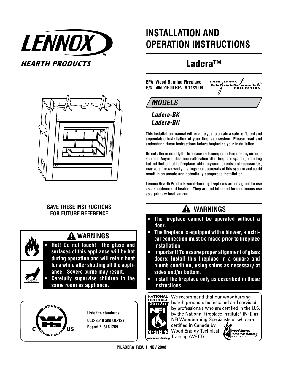 Lennox Hearth Ladera-BK User Manual | 26 pages