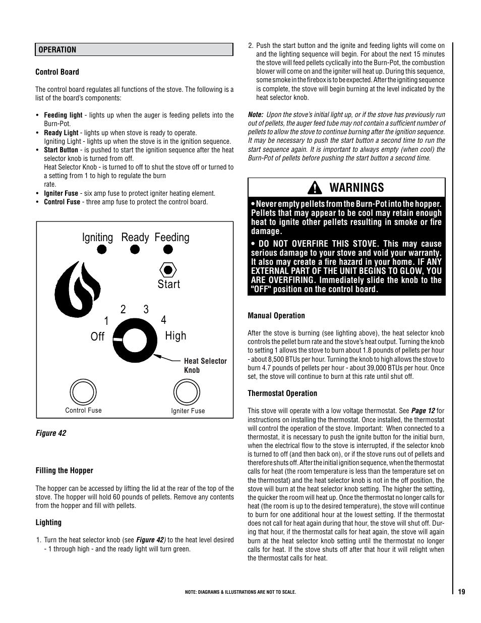 Warnings, Igniting ready feeding start, Off high 1 2 3 4 | Lennox Hearth Winslow (PS40) User Manual | Page 19 / 30