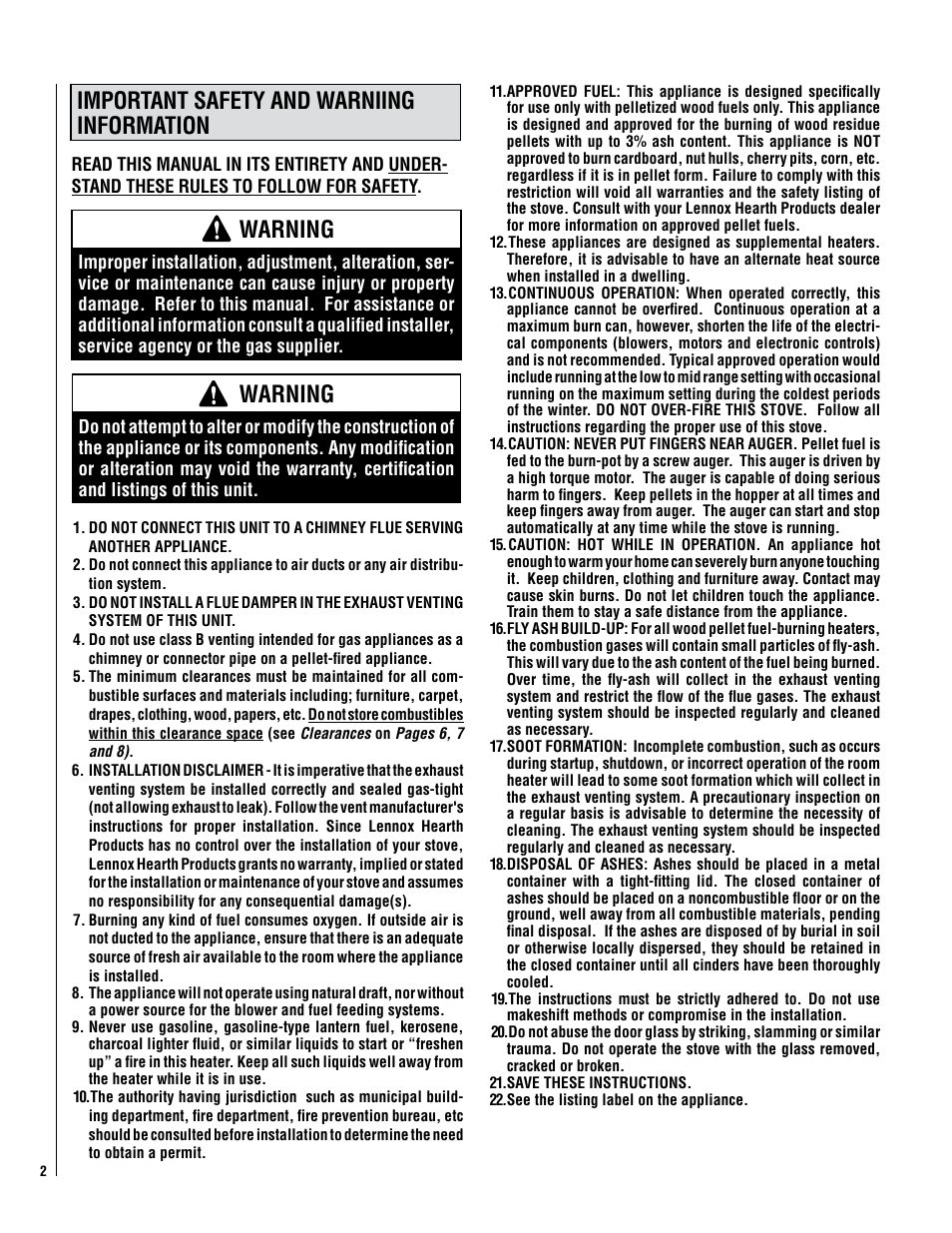Important safety and warniing information, Warning | Lennox Hearth Winslow (PS40) User Manual | Page 2 / 30