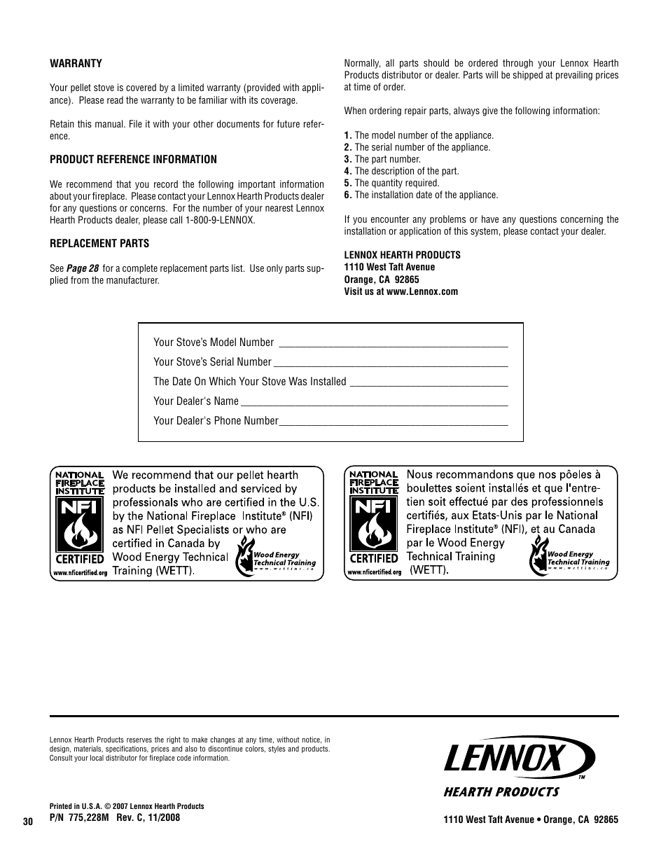 Lennox Hearth Winslow (PS40) User Manual | Page 30 / 30