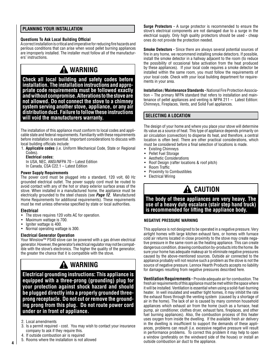 Warning, Caution | Lennox Hearth Winslow (PS40) User Manual | Page 4 / 30
