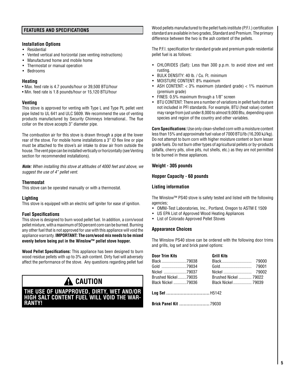 Caution | Lennox Hearth Winslow (PS40) User Manual | Page 5 / 30