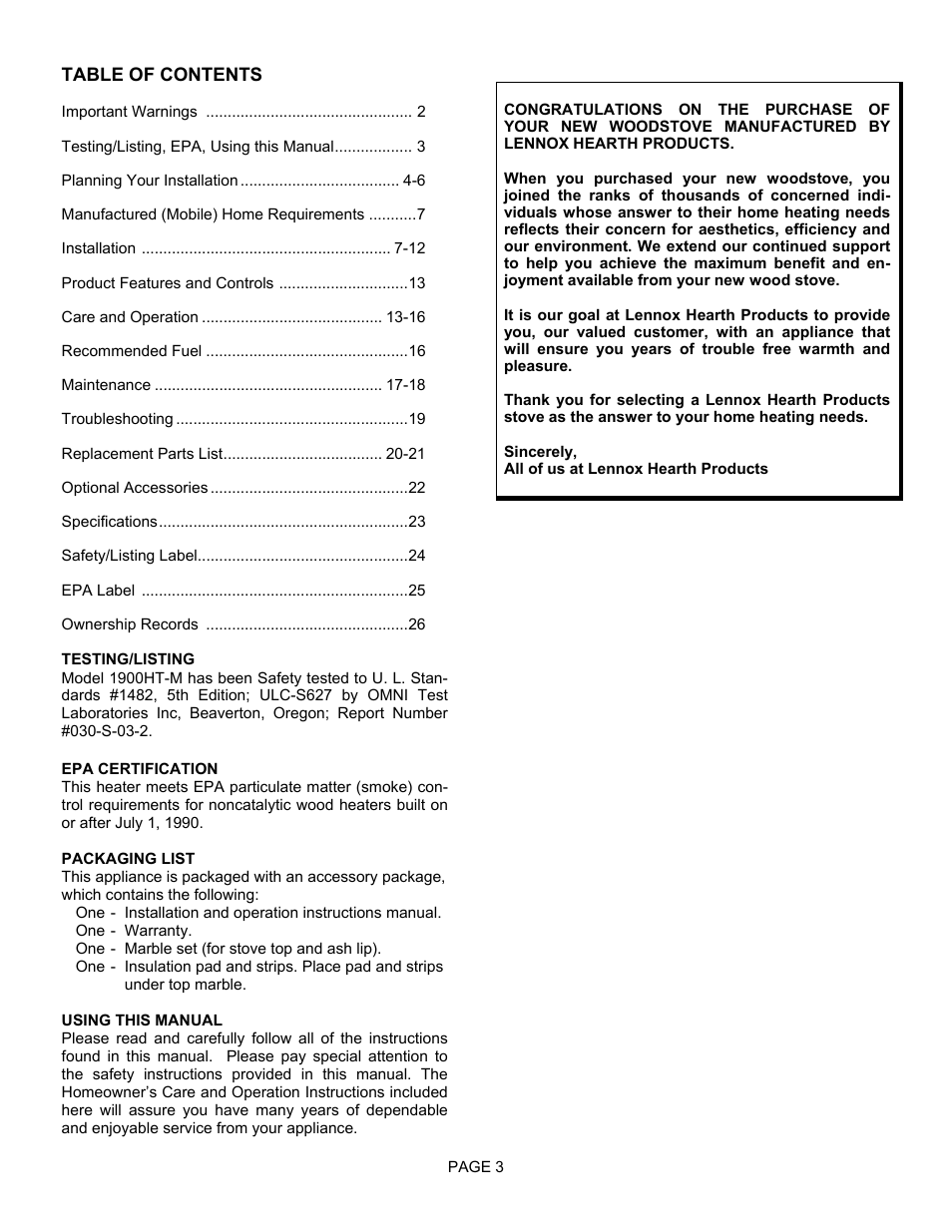 Lennox Hearth 1900HT-M User Manual | Page 3 / 27
