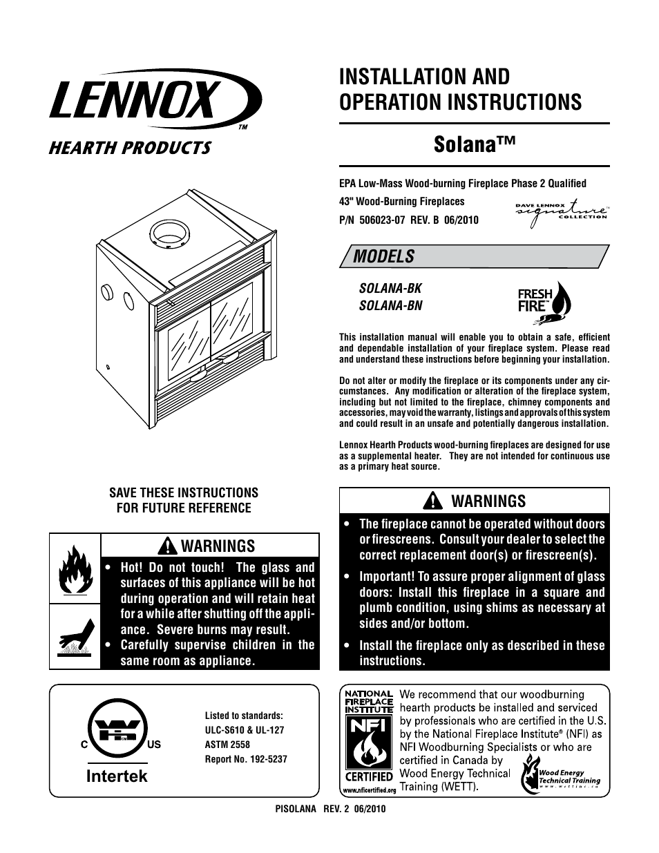 Lennox Hearth SOLANA-BN User Manual | 26 pages