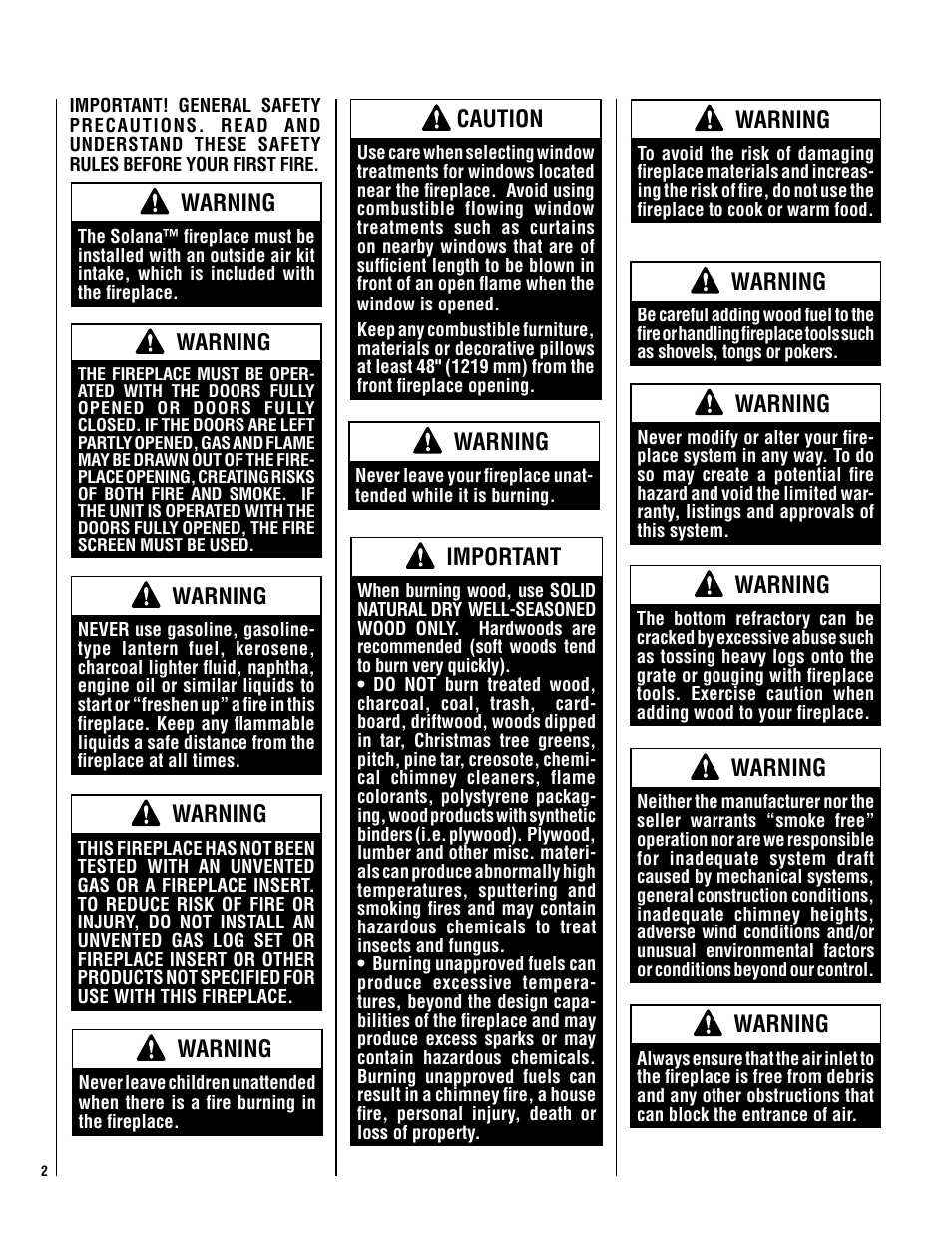 Caution, Important, Warning | Lennox Hearth SOLANA-BN User Manual | Page 2 / 26
