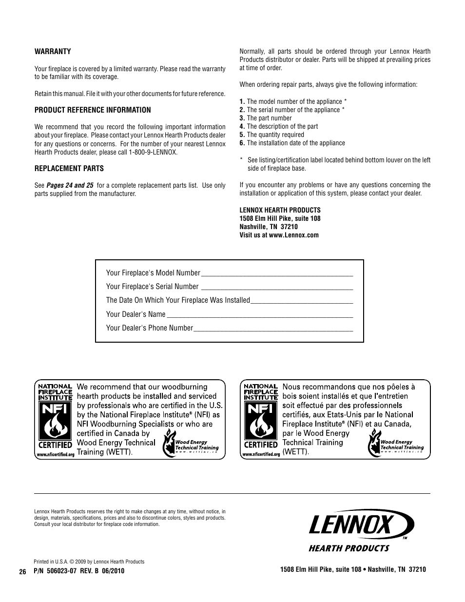 Lennox Hearth SOLANA-BN User Manual | Page 26 / 26