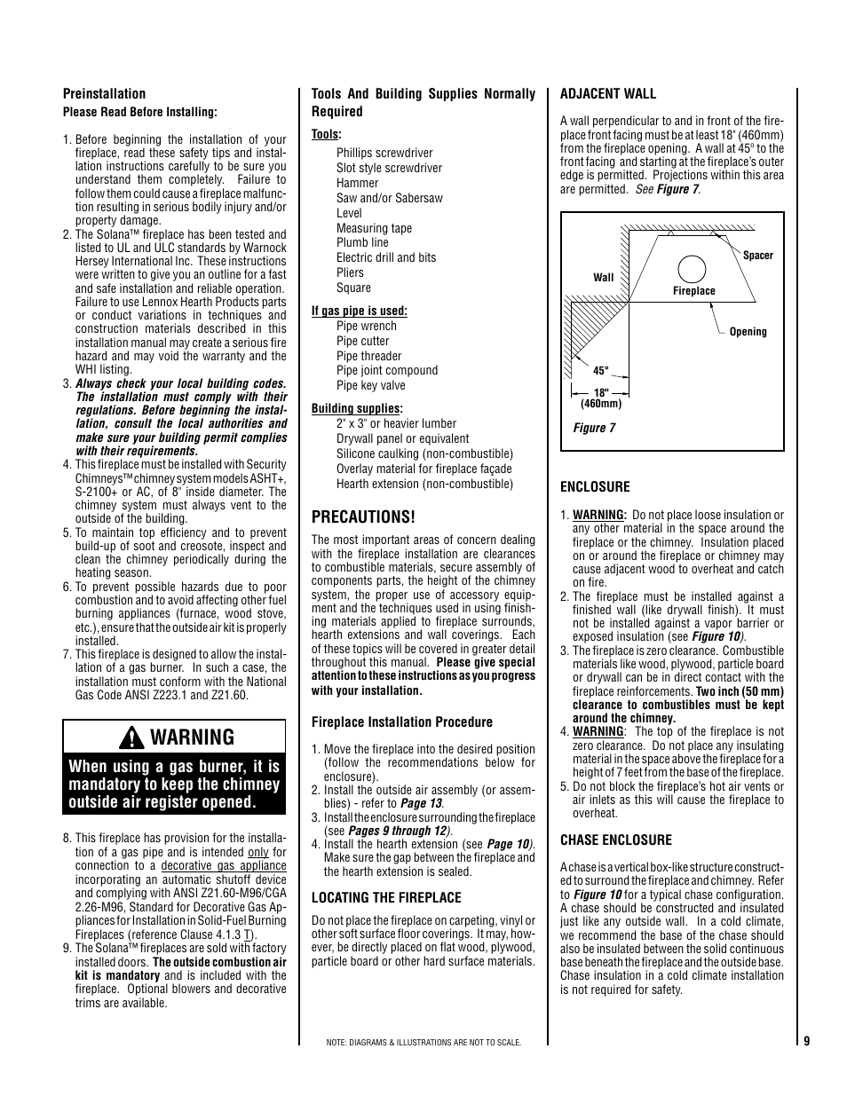 Warning, Precautions | Lennox Hearth SOLANA-BN User Manual | Page 9 / 26