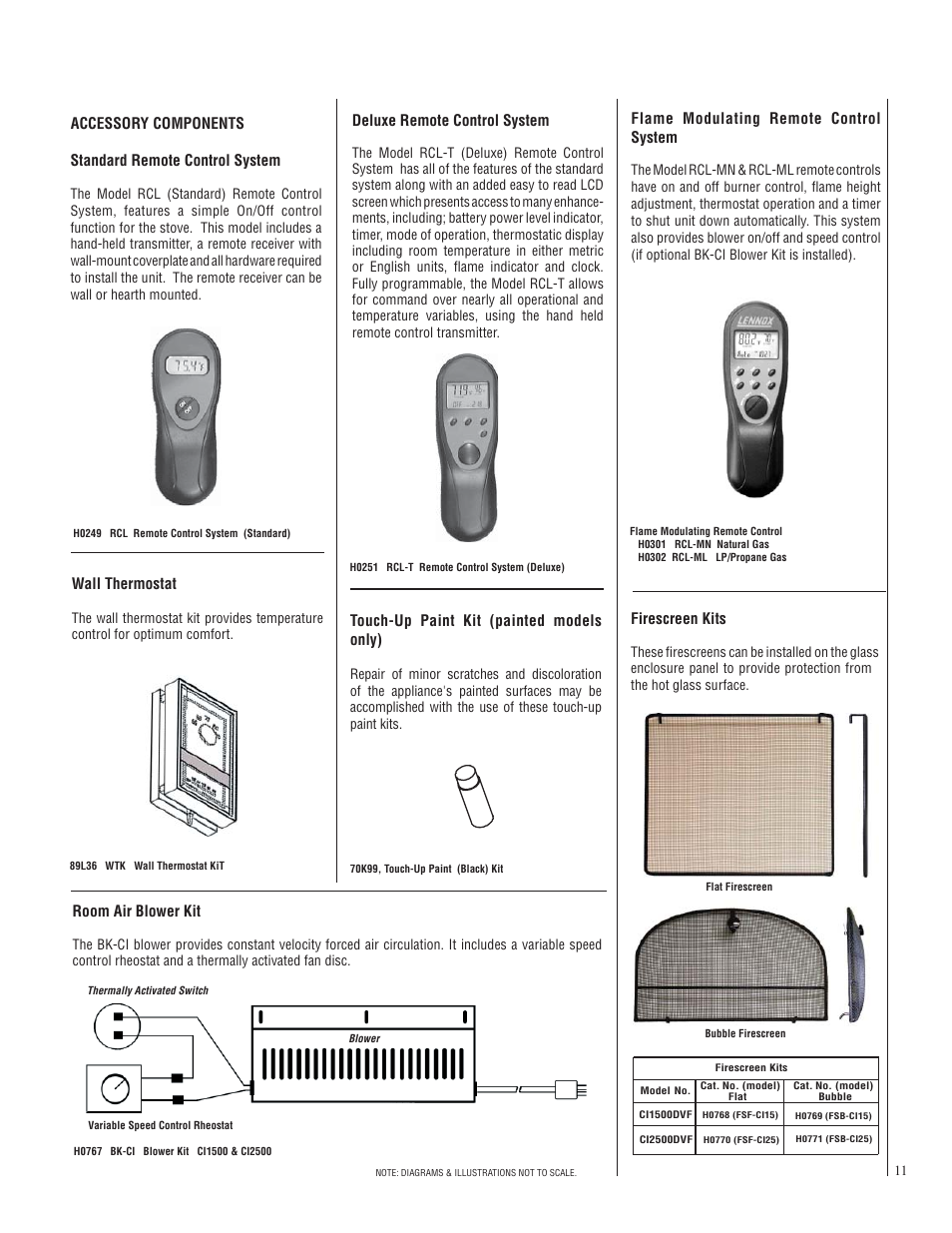 Firescreen kits, Accessory components, Standard remote control system | Deluxe remote control system, Touch-up paint kit (painted models only), Room air blower kit, Flame modulating remote control system, Wall thermostat | Lennox Hearth CI2500DVF User Manual | Page 11 / 20