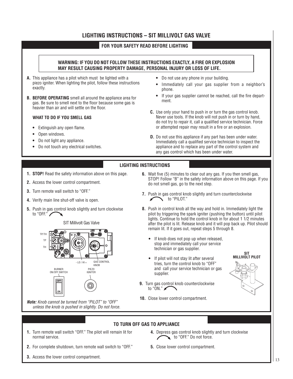 Lighting instructions – sit millivolt gas valve, Lighting instructions | Lennox Hearth CI2500DVF User Manual | Page 13 / 20