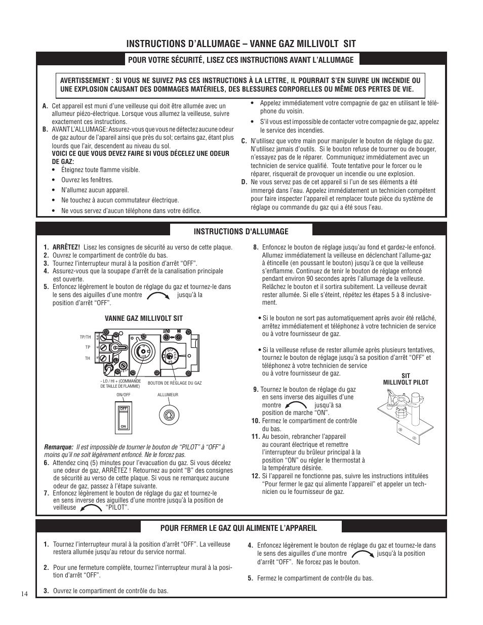 Instructions d’allumage – vanne gaz millivolt sit, Instructions d'allumage, Pour fermer le gaz qui alimente l’appareil | Lennox Hearth CI2500DVF User Manual | Page 14 / 20