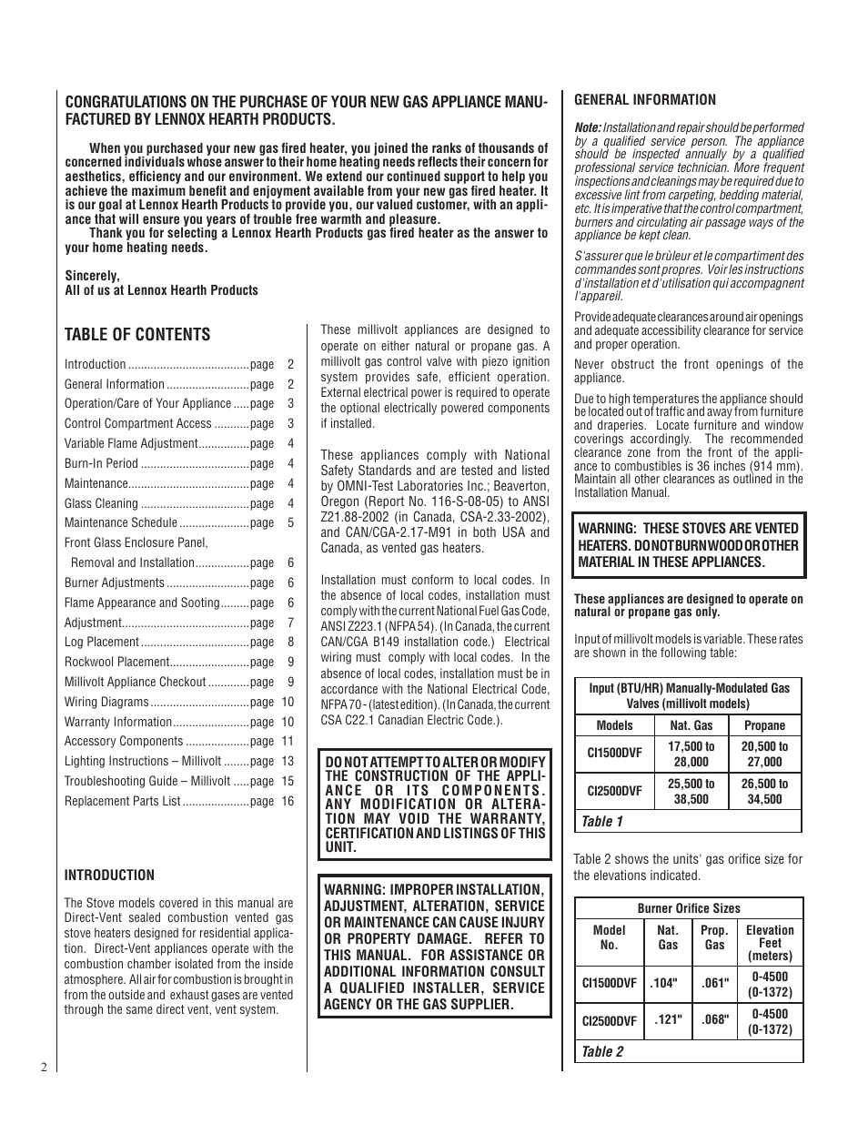 Lennox Hearth CI2500DVF User Manual | Page 2 / 20