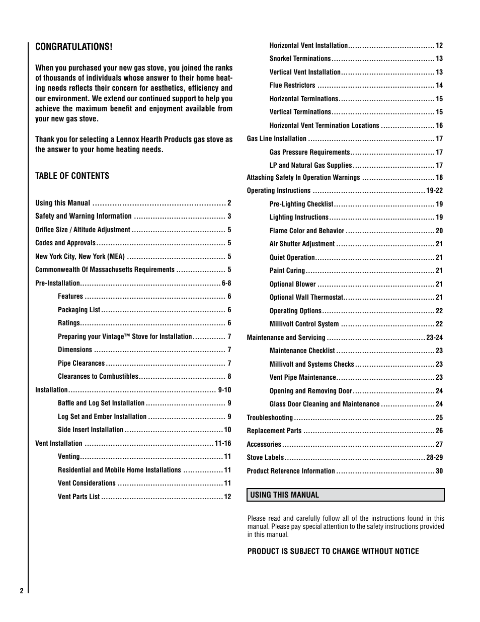Lennox Hearth ELITE VIN User Manual | Page 2 / 30