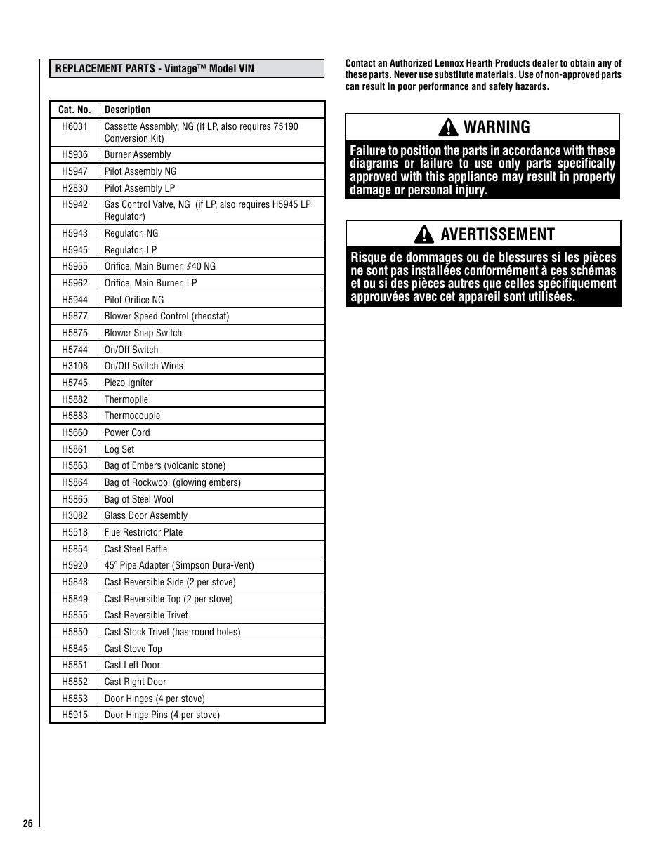 Warning, Avertissement | Lennox Hearth ELITE VIN User Manual | Page 26 / 30
