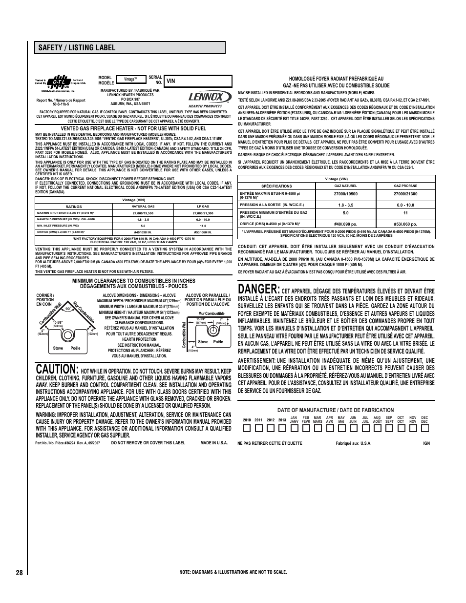 Caution, Danger, Safety / listing label | Lennox Hearth ELITE VIN User Manual | Page 28 / 30