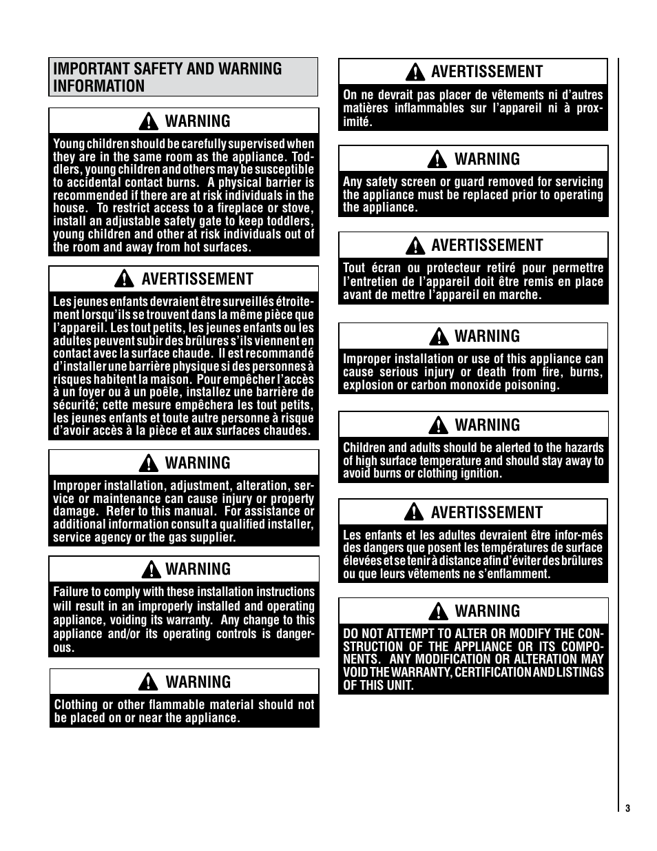 Important safety and warning information warning, Avertissement, Warning | Lennox Hearth ELITE VIN User Manual | Page 3 / 30