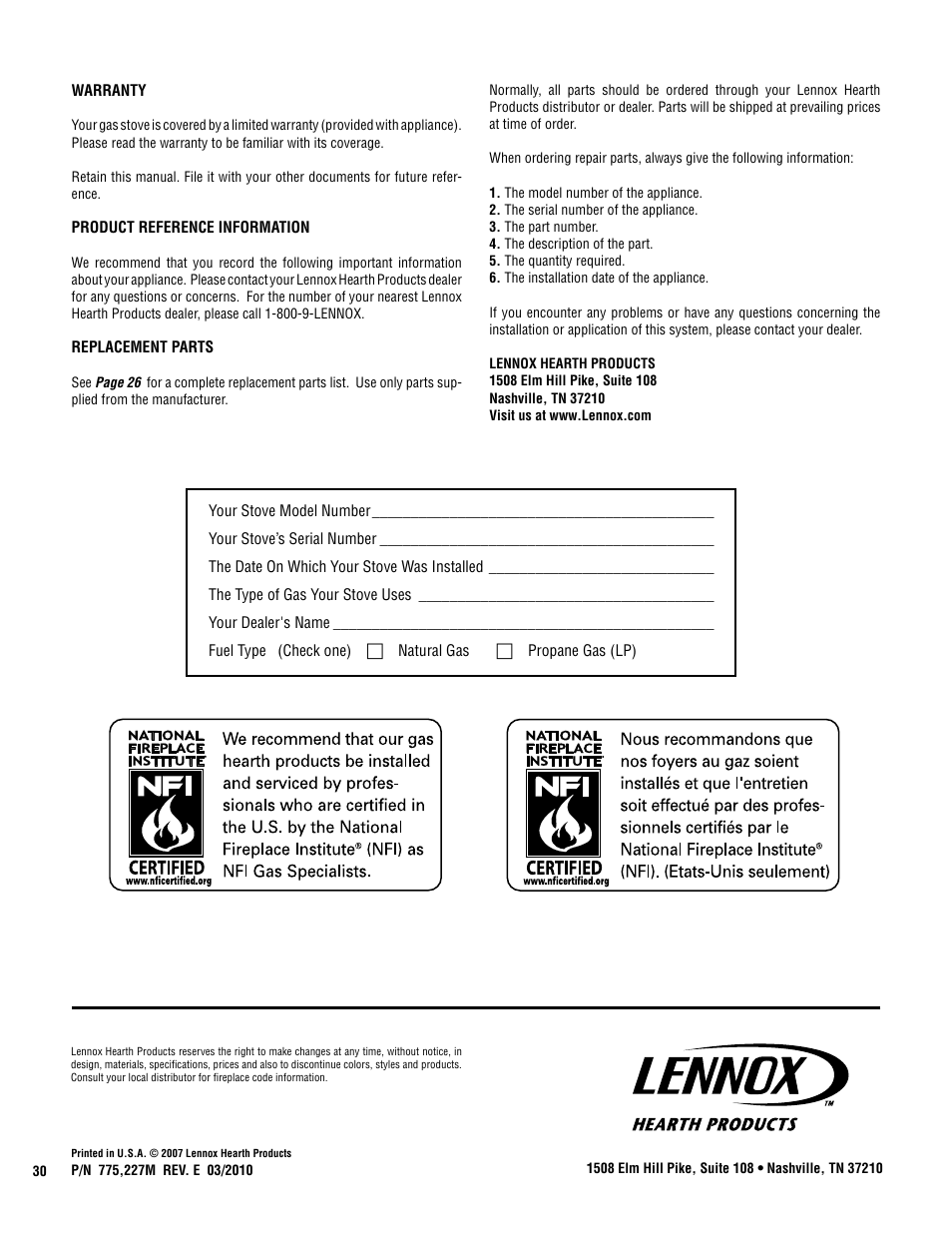 Lennox Hearth ELITE VIN User Manual | Page 30 / 30